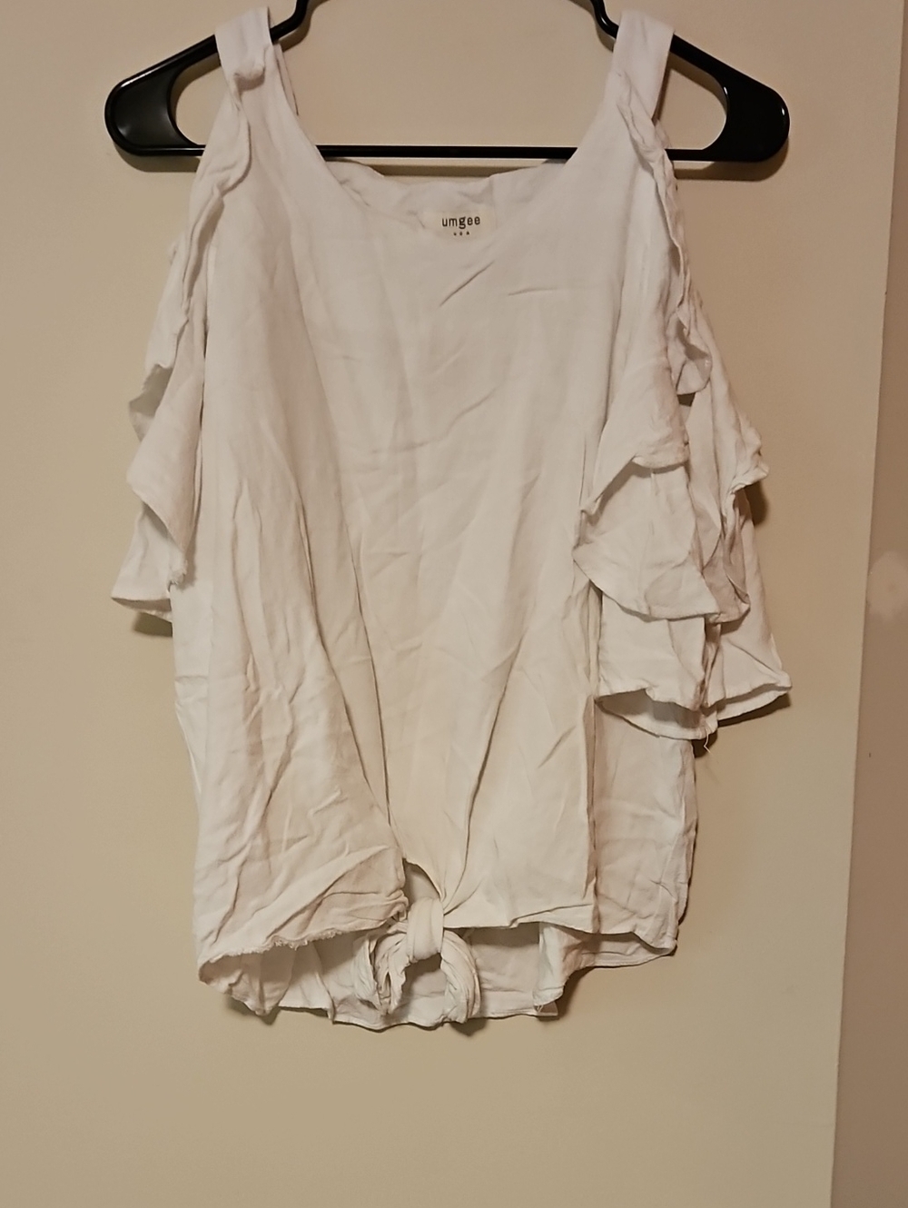 Umgee White Cold-Shoulder Ruffle Tie-Front Blouse
